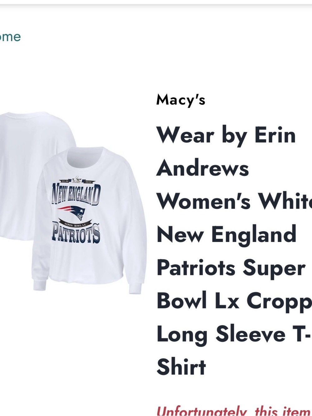 NFL White New England Patriots Cropped Long Sleeve Tee